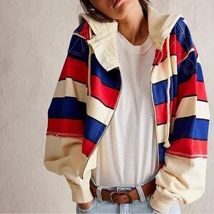 We The Free Cream Red Blue Striped Zip Hoodie